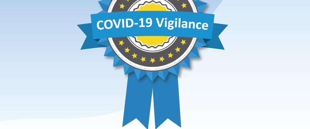 A graphic showcases COVID-19 Vigilance on a blue ribbon with a gold and black border. Logos for Care Initiatives and Telligen QI Connect™ are featured, emphasizing health improvement and quality service. Additionally, the brand name Care Initiative is highlighted.