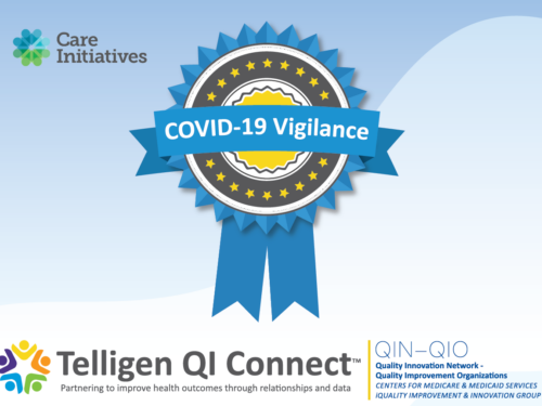 A graphic showcases COVID-19 Vigilance on a blue ribbon with a gold and black border. Logos for Care Initiatives and Telligen QI Connect™ are featured, emphasizing health improvement and quality service. Additionally, the brand name Care Initiative is highlighted.