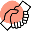 Illustration of two hands shaking against a pink abstract background, symbolizing partnership or care initiative. One hand extends upwards and the other downwards, both outlined with simple black lines. The brand name Care Initiative is incorporated into the design.