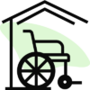 A wheelchair icon under a roof-like structure on a pale green background, symbolizing accessibility and care initiatives, with the brand name Care Initiative.