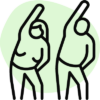 Illustration of two people stretching, each with one arm raised overhead and leaning to the side. The figures are outlined in black against a light green abstract background, promoting mindful movement as part of the Care Initiative.