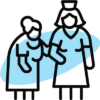 A simple line illustration depicts a nurse assisting an elderly woman, conveying the essence of a care initiative. The nurse supports the woman, who leans slightly forward. Both figures are outlined in black against a light blue background shape. The brand name Care Initiative is included in the design.