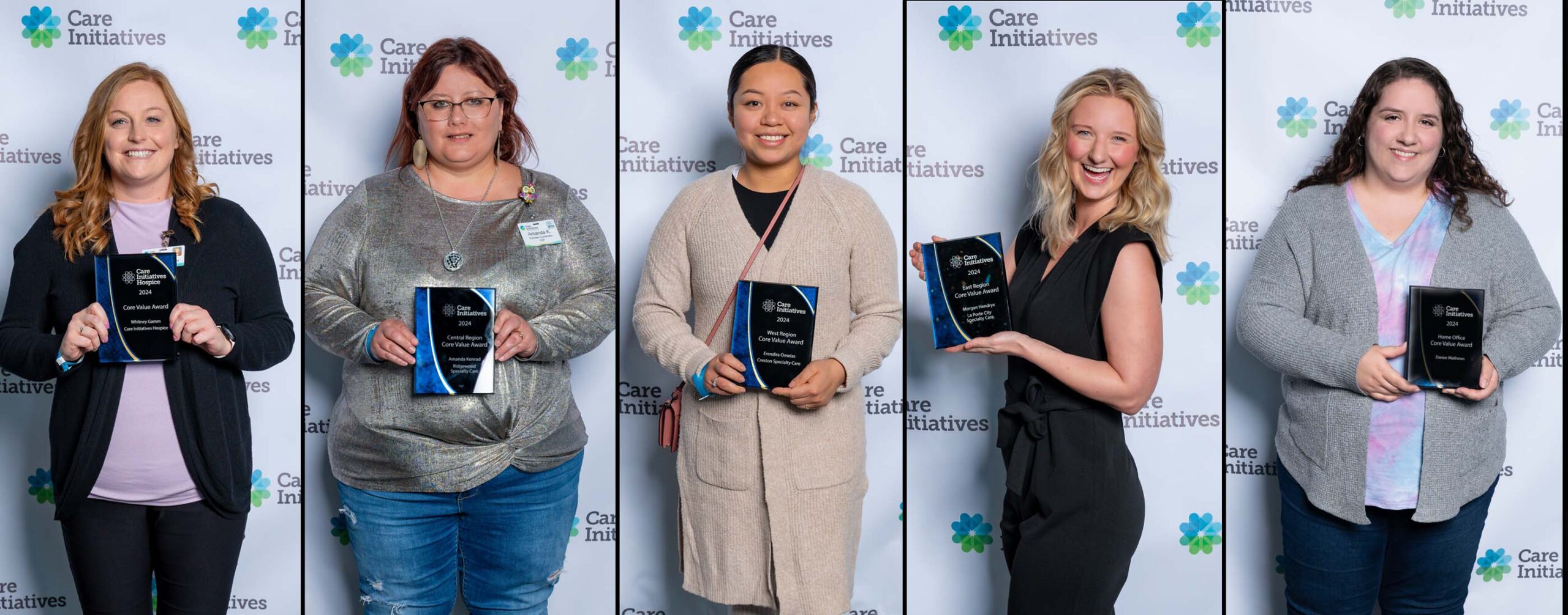 Five individuals stand against a Care Initiative backdrop, each holding a plaque. They are smiling and dressed in a mix of casual and professional attire. The event highlights the commitment and recognition associated with the Care Initiative brand.