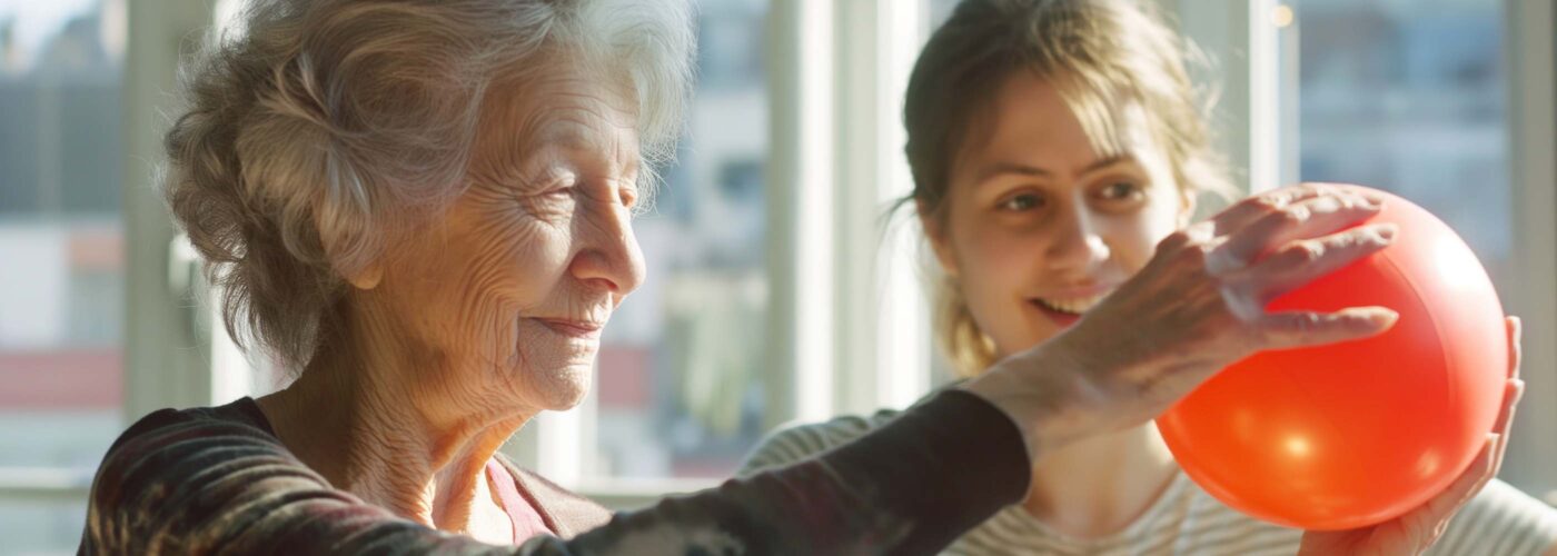 An elderly woman and a young woman share a moment in a bright room. With the young woman's help, the elderly lady holds a red ball. Sunlight streams through large windows, creating warmth and cheer, embodying the spirit of Care Initiative.