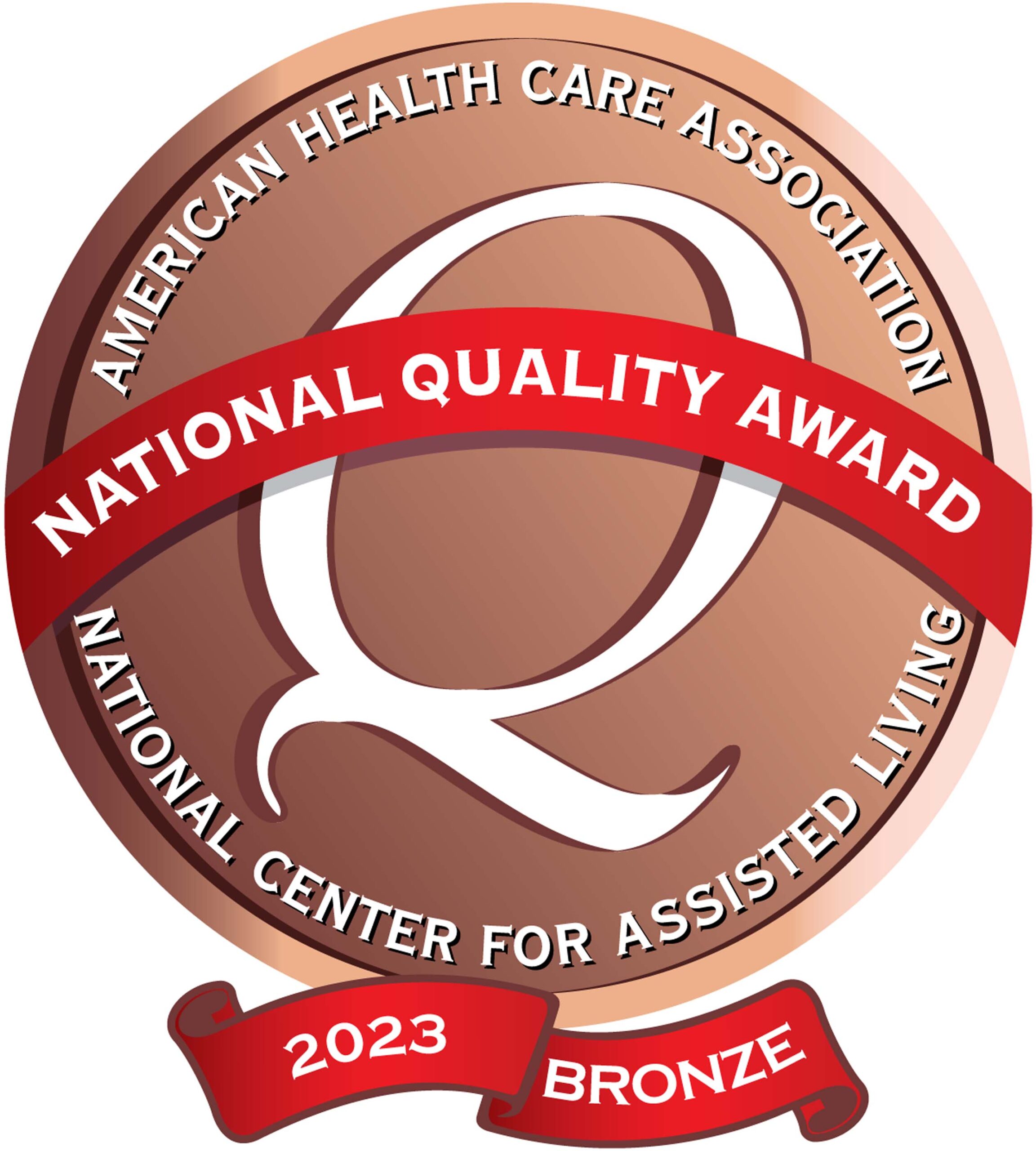 Create a bronze medal with the National Quality Award design, featuring a red ribbon. The front of the medal includes text from the American Health Care Association and National Center for Assisted Living. At the bottom, it prominently displays 2023 Bronze, emphasizing Care Initiative's commitment to enhanced assisted living standards.