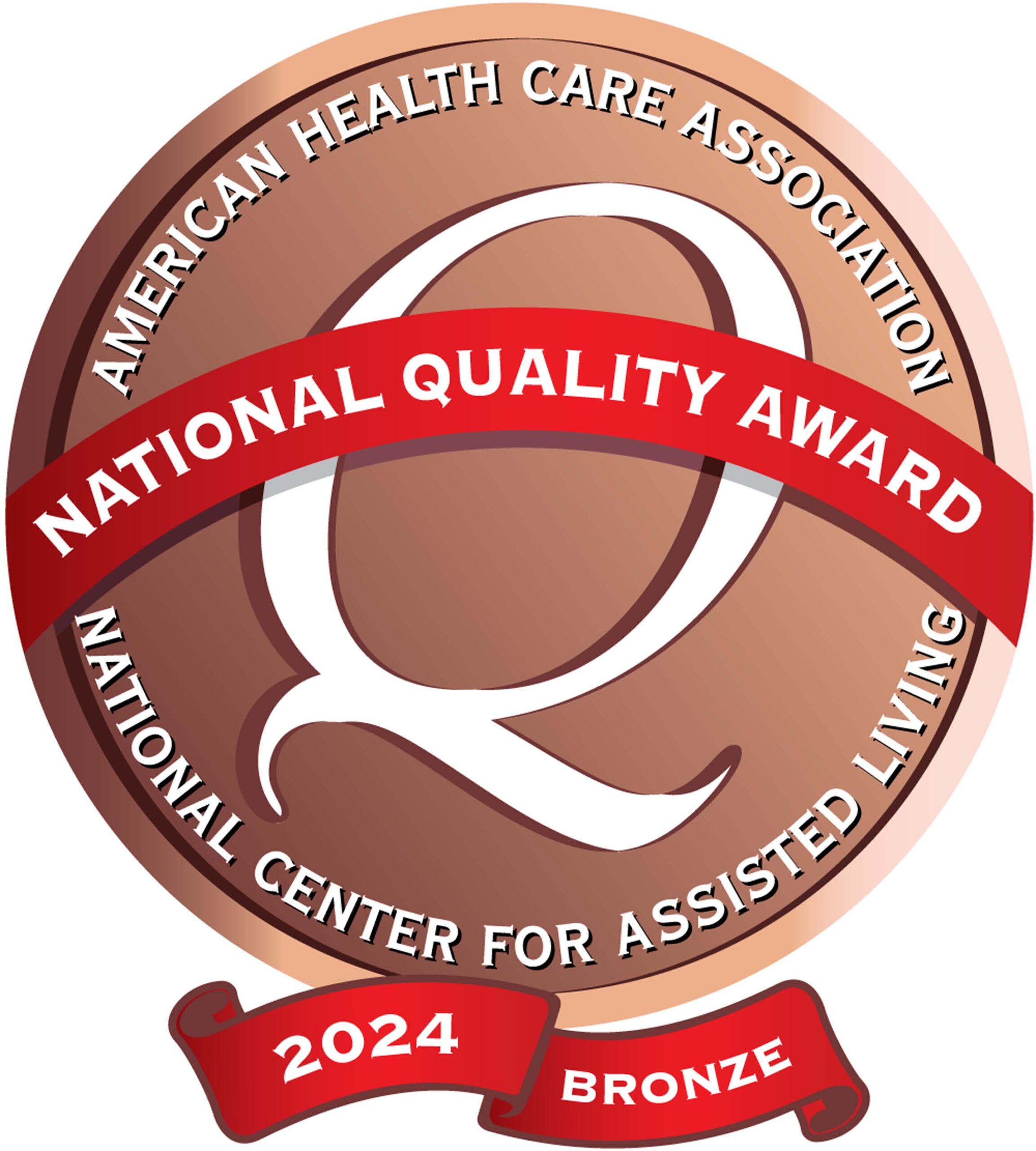 A bronze circular award badge features the National Quality Award prominently displayed on a red banner across the center. The outer ring reads American Health Care Association and National Center for Assisted Living, with the bottom ribbon celebrating 2024 Bronze. This symbolizes a significant commitment to quality standards in care initiatives by Care Initiative.