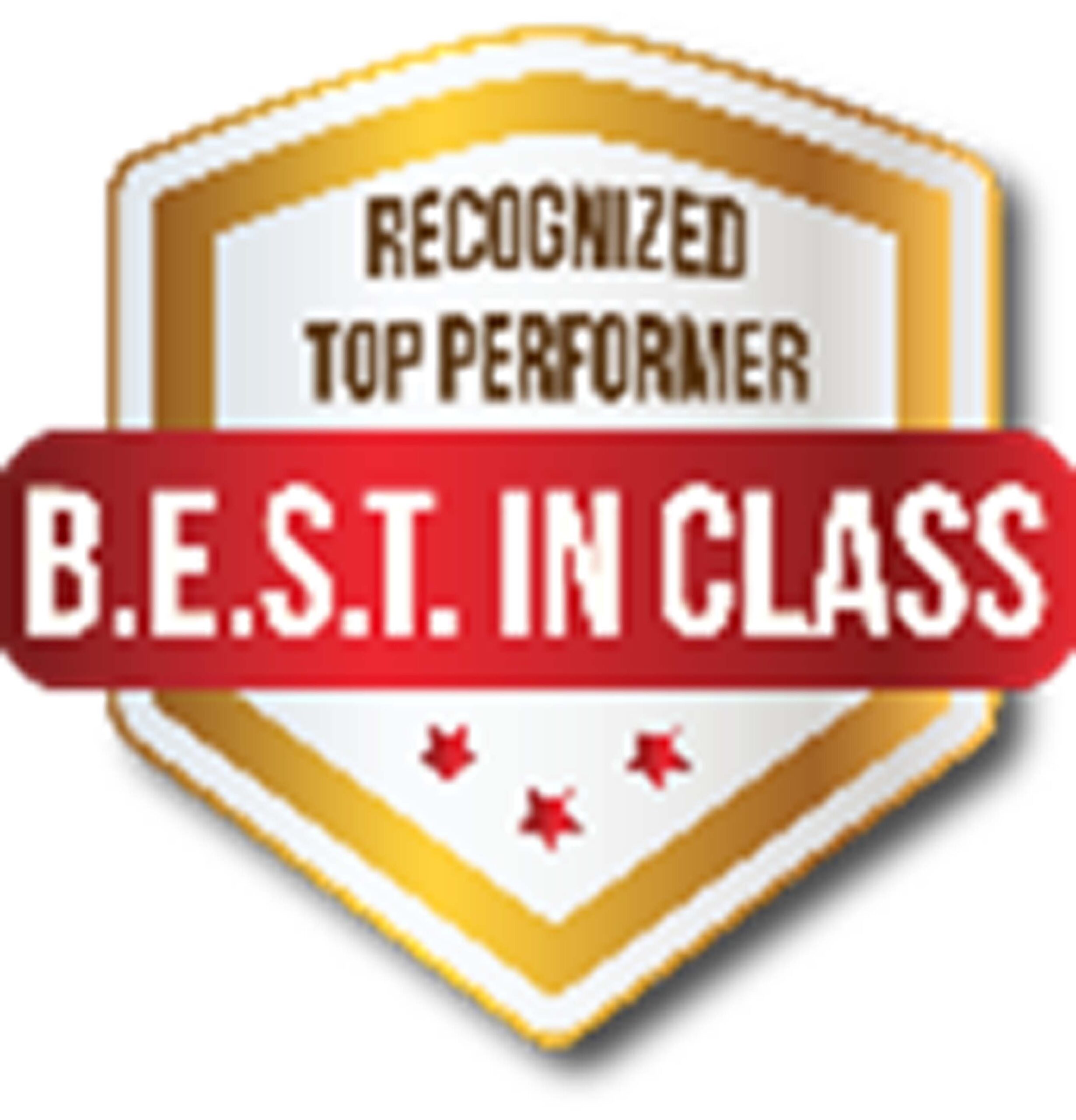 A gold and white shield badge featuring Recognized Top Performer at the top and B.E.S.T. in Class in bold red across the middle, with four red stars below, symbolizes our brand Care Initiative.