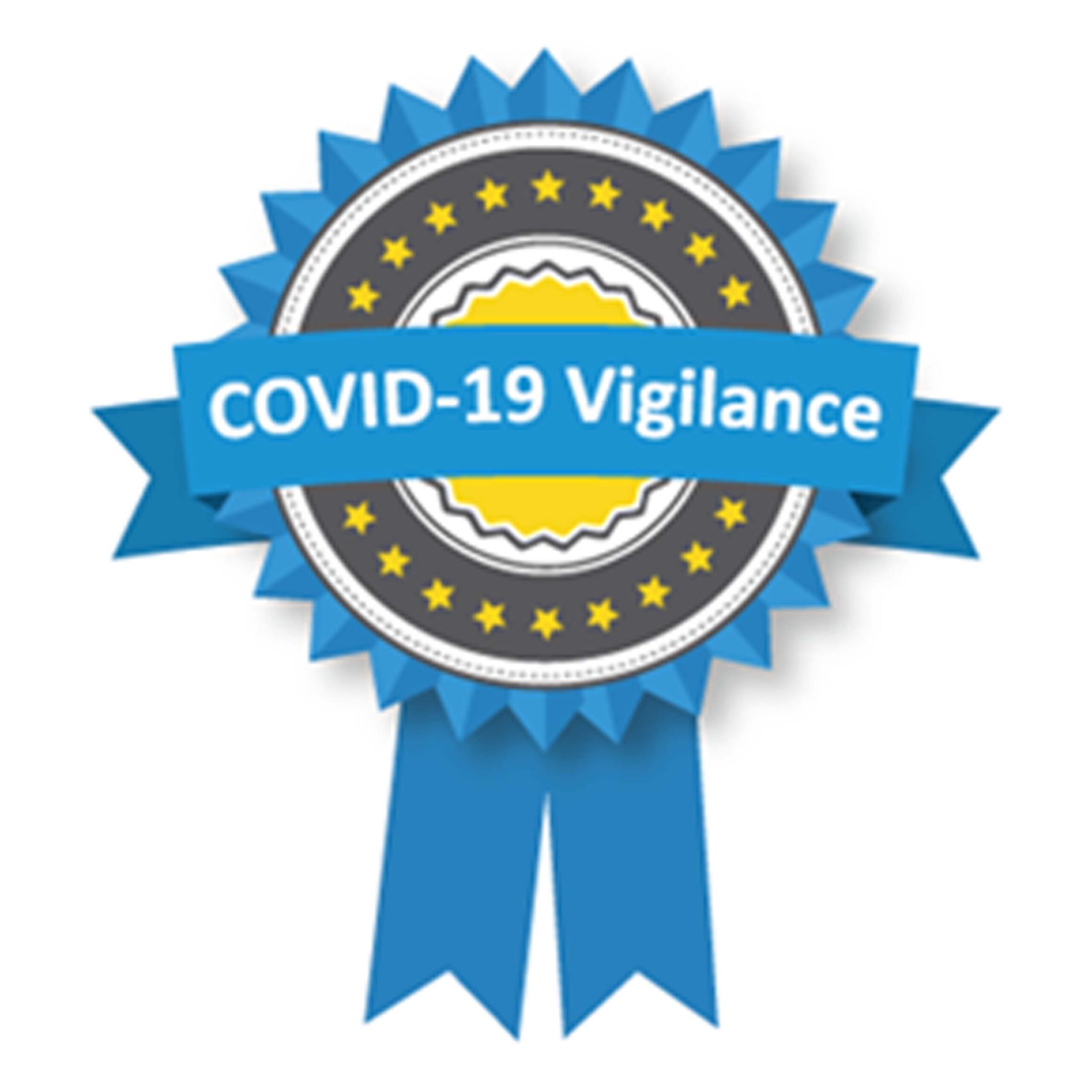 A blue and gold ribbon badge features the text COVID-19 Vigilance across it, designed with star motifs and circular layers in the background, symbolizing a care initiative. The brand name Care Initiative is also included.